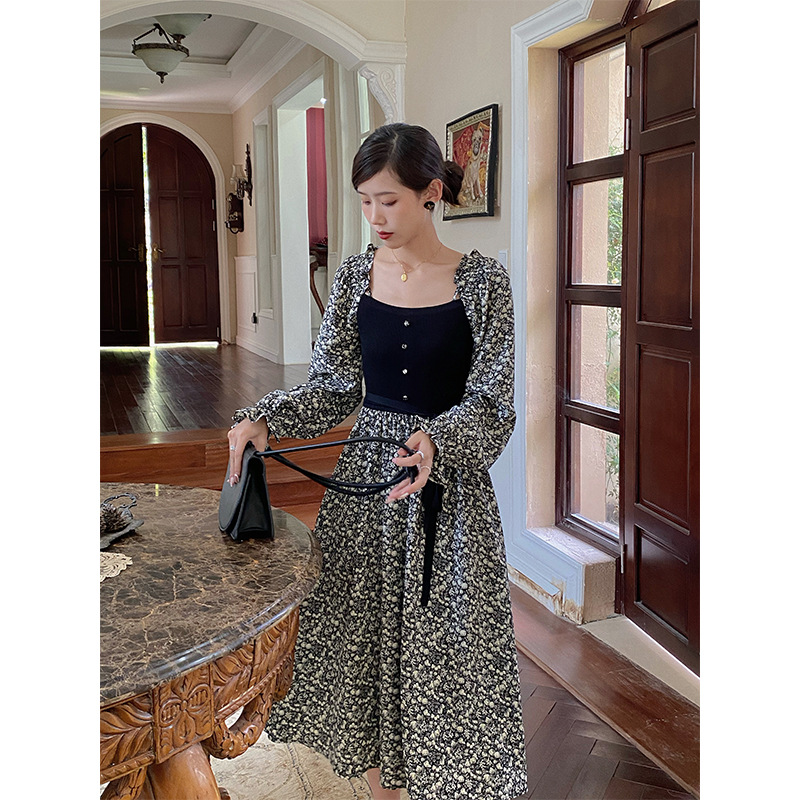 .[lata] trece líneas de ropa de mujer otoño 2021 nuevo estilo coreano vestido floral cintura alta retro moda temperamento details Picture
