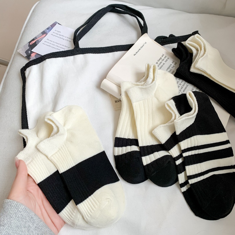 Men's black double-needle socks - boat socks, European and American striped ins trendy business sweat-absorbing and breathable summer thin short cotton socks