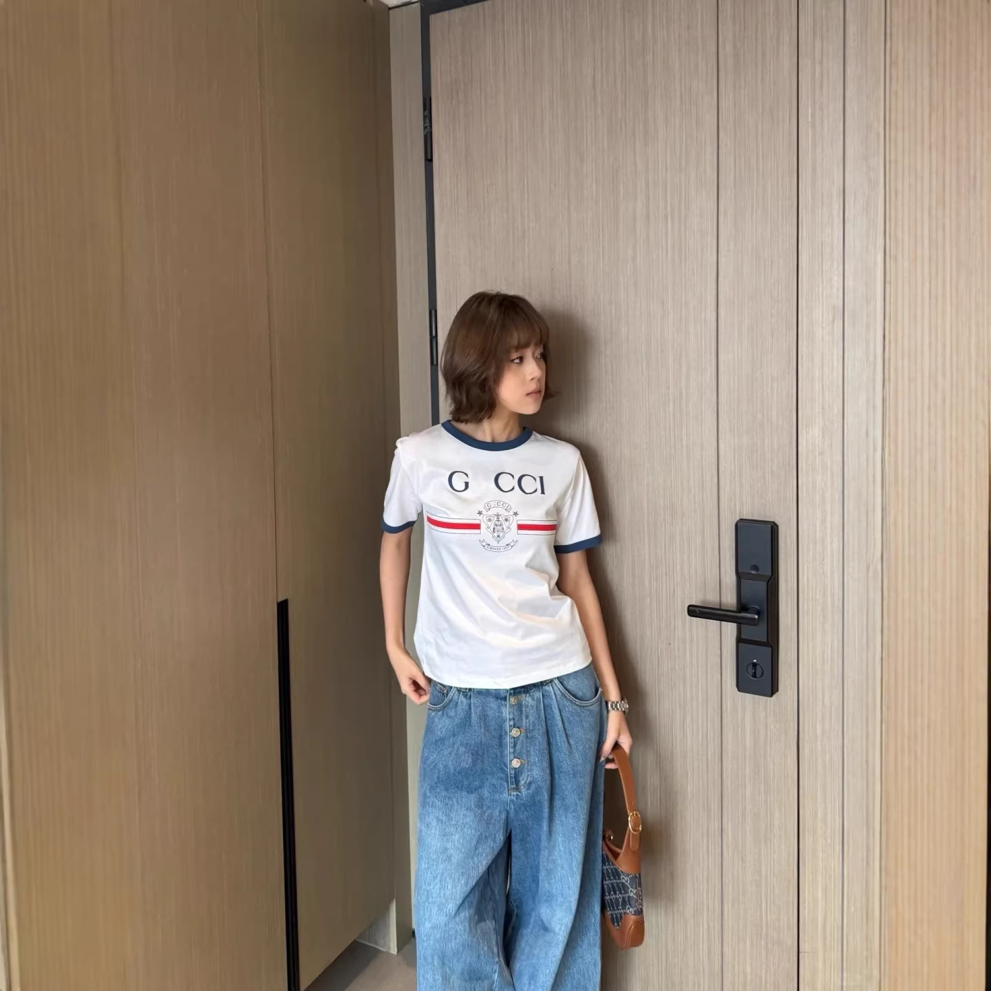南油女装G家新款字母印花圆领休闲百搭复古轻奢短袖白色t恤女