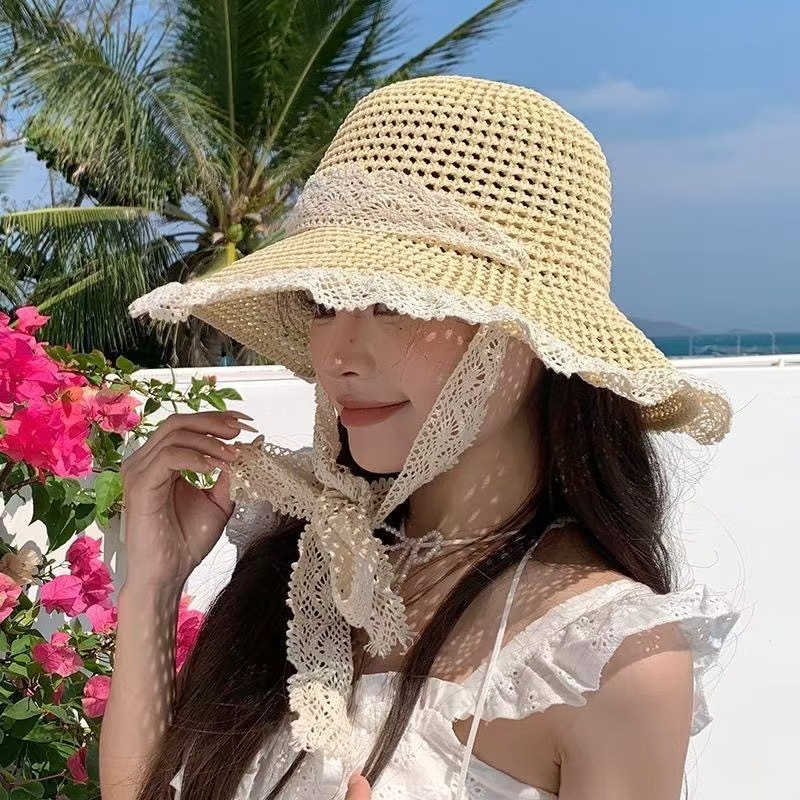 草帽ins系带镂空草编帽女夏出游防晒沙滩海边太阳帽蕾丝边遮阳帽