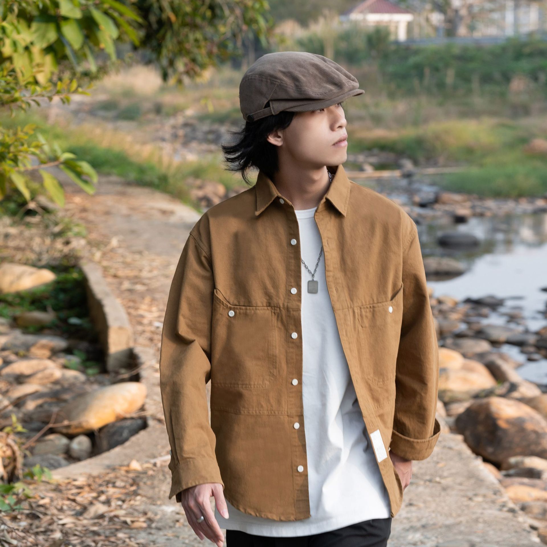 The 2023 Spring and Autumn new collection features a 100% pure cotton Japanese-style men's shirt, a cool and stylish solid-color workwear long-sleeved shirt Specification image