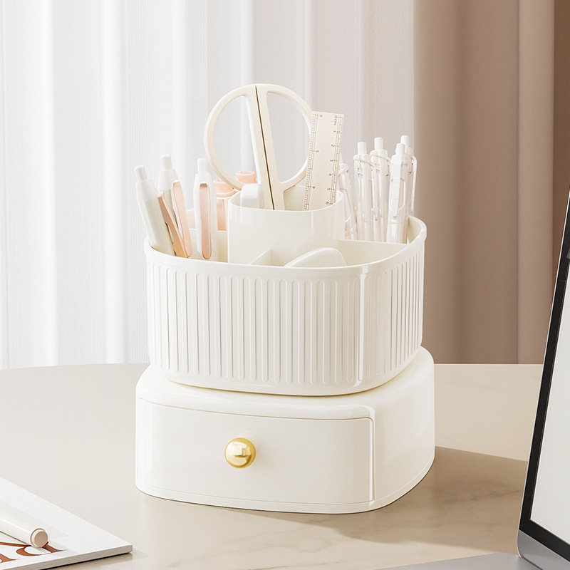 Light Luxury Home Desktop High Appearance Horizontal Pen Holder Office Advanced Sense Large Capacity Rotating Plastic Stationery Storage Box Application Scenario