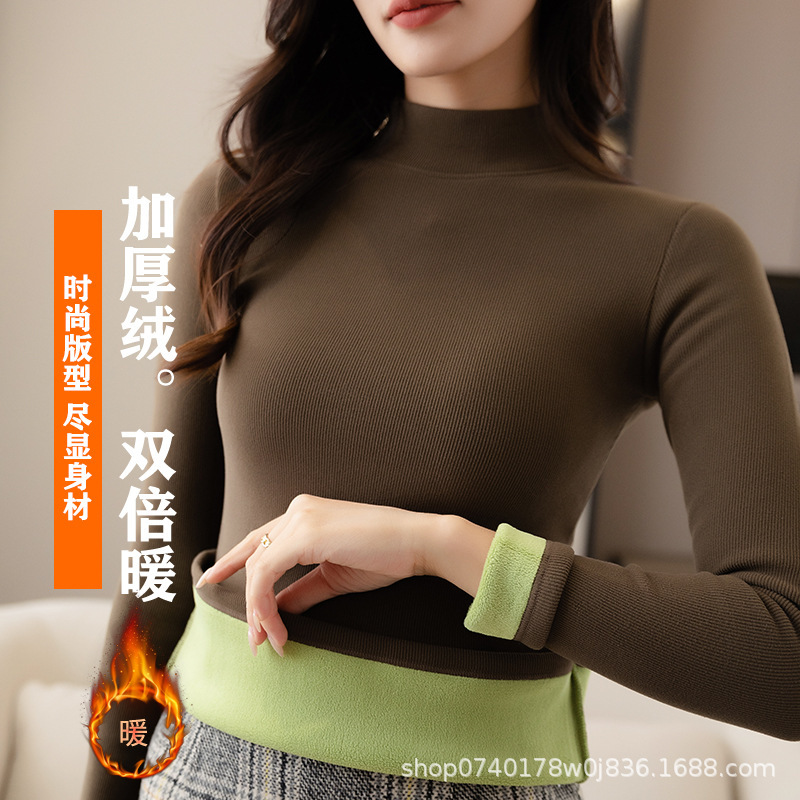 450G Bottom Coat Female In Autumn And Winter With 2023 New Style Plus Fleece Thickened High Elastic Round Neck Long Sleeve Warm Top Female Specification drawing