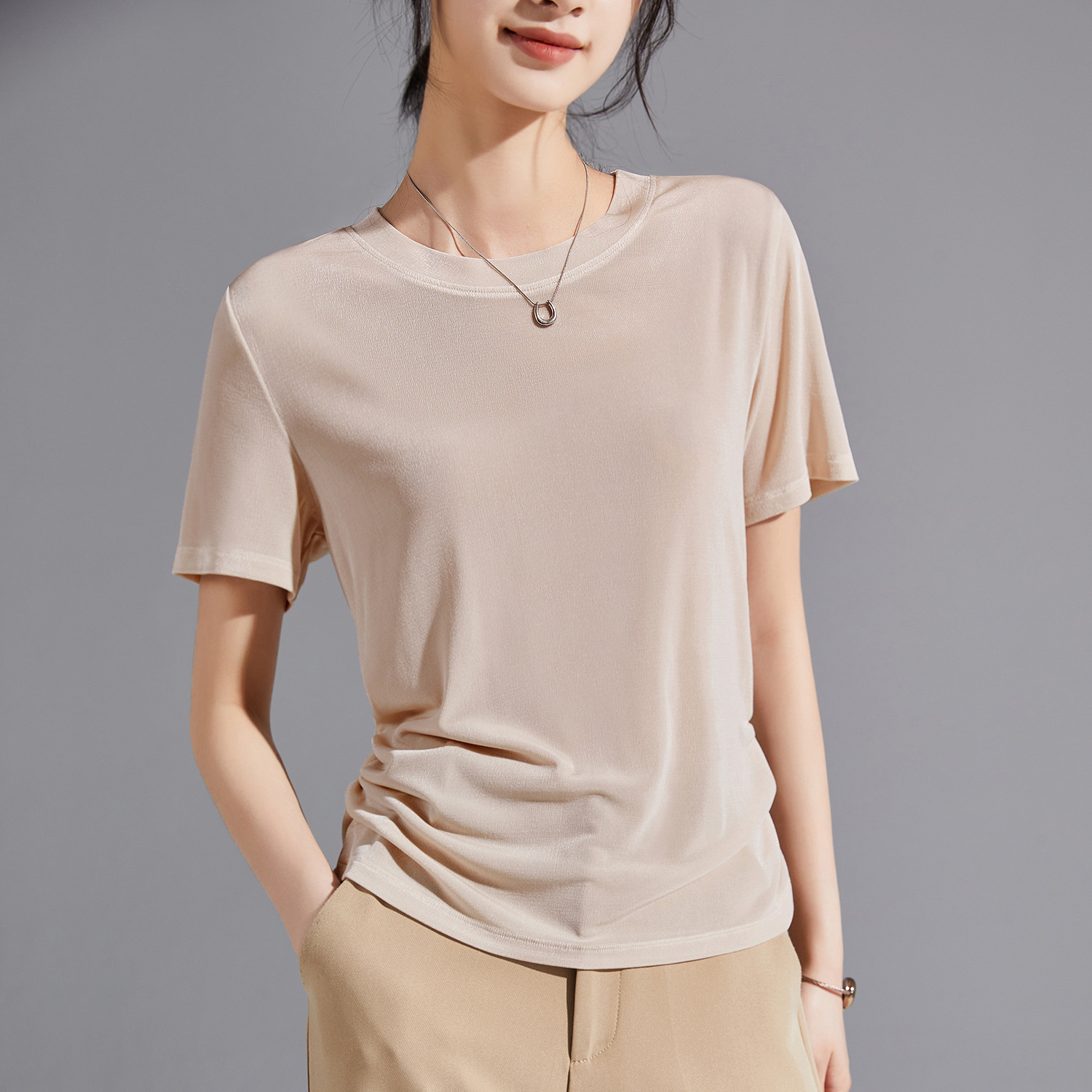Imported Tencel triacetic acid short-sleeved T-shirt for women 2026 summer, featuring a round-neck design and off-the-shoulder top Specification image