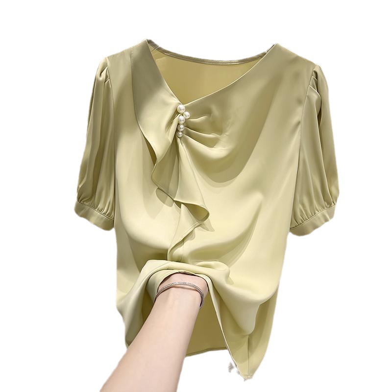 2023 New Korean style slimming thin irregular pleated fabric pullover short-sleeved chiffon shirt for women in summer Item Picture