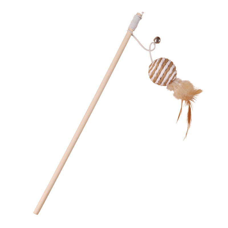 Cotton, linen, wooden stick cat toys, long stick cat toys, handheld interactive self-fun cat toys with bells, feather cat toys and cat supplies Item Picture