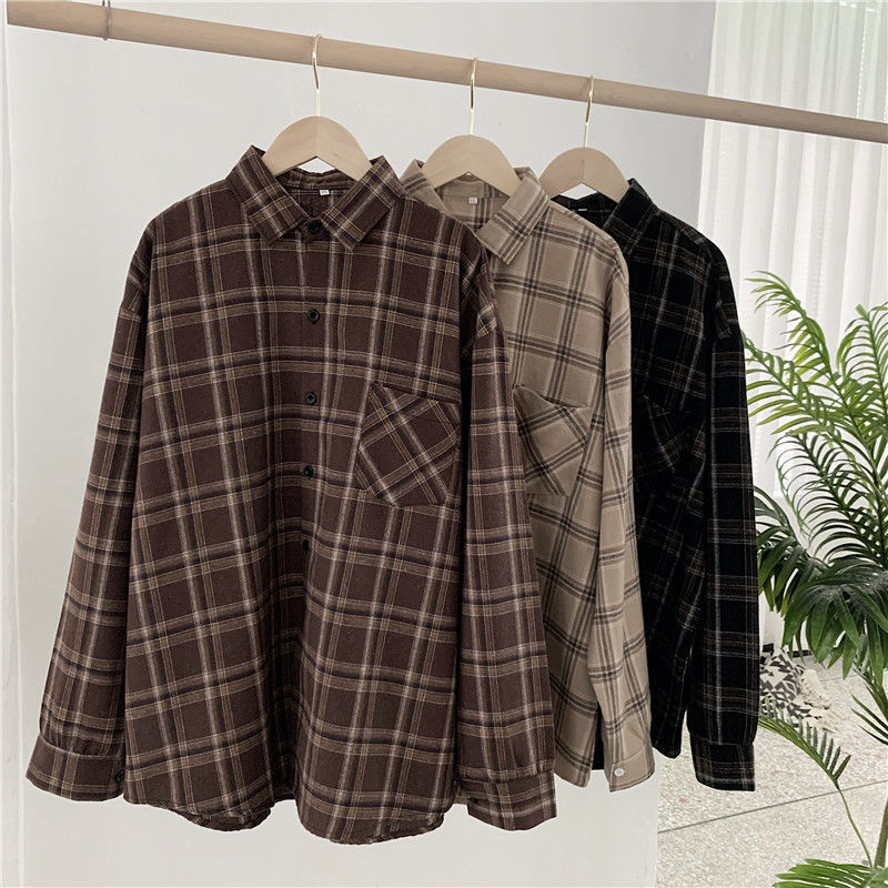 Retro mid-length checked shirt for women, long-sleeved Hong Kong-style loose plus-size women's wear, Korean style spring outerwear student top Application Scenario