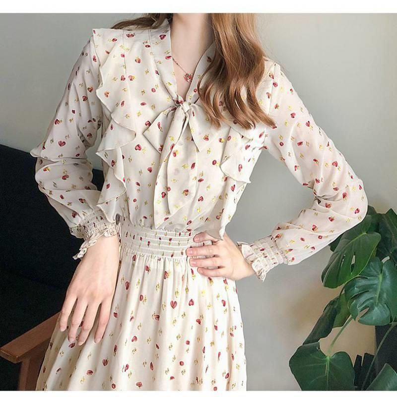 Chiffon floral print dress, slimming summer new women's long-sleeved base dress, French bow slimming long dress details Picture