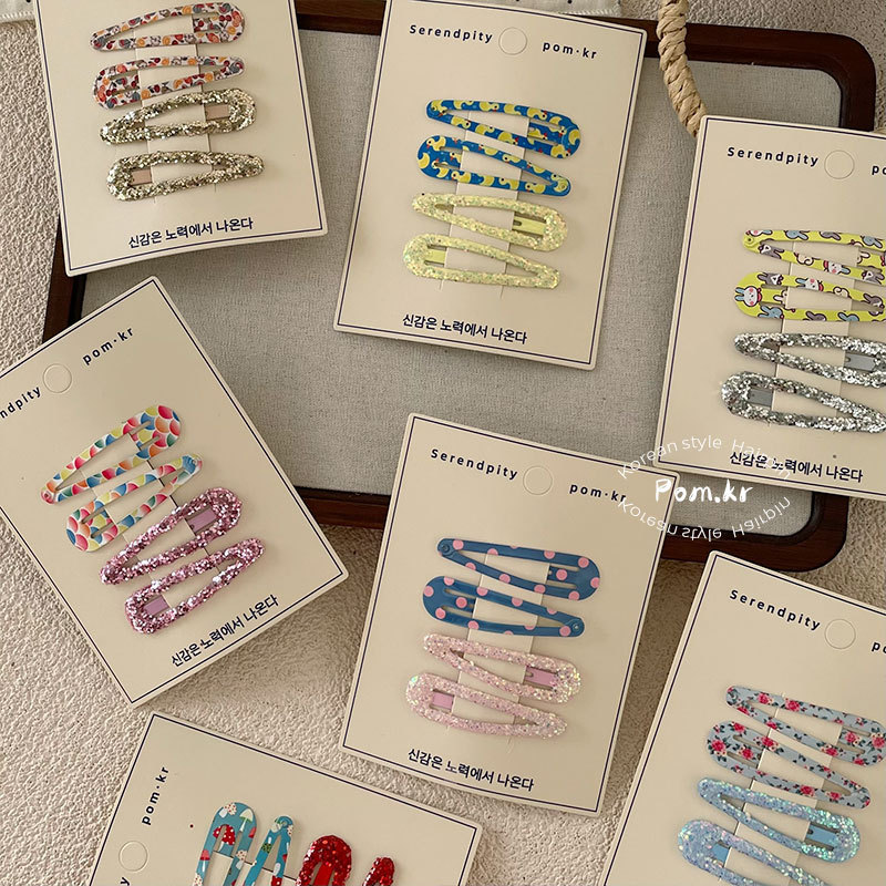 Spring 2025 Korean-style printed bb clip, children's side fringed bangs clip, sequined simple girl side clip, Bye clip Specification image