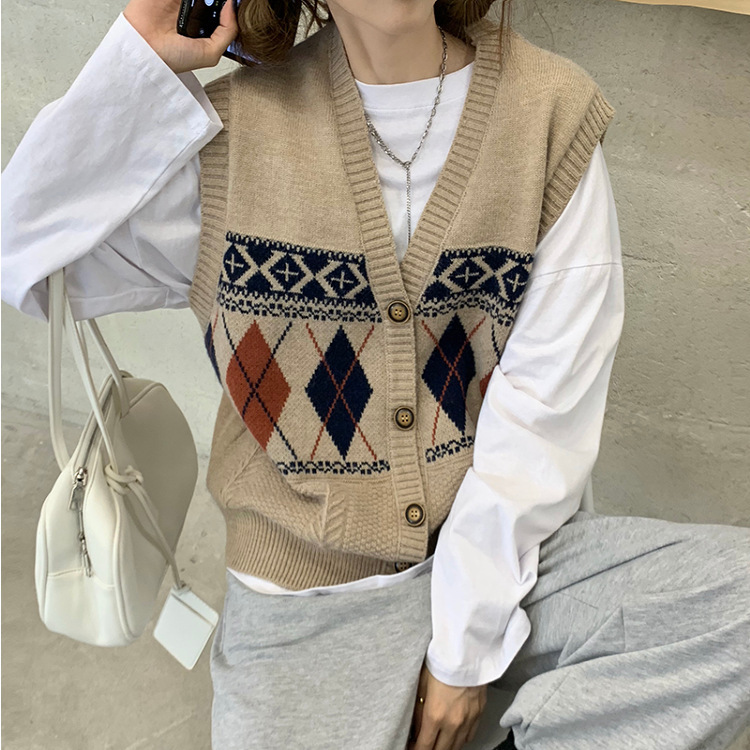 Autumn's new retro color-blocking diamond-shaped knitted cardigan, V-neck sweater, loose women's waistcoat, vest for women details Picture