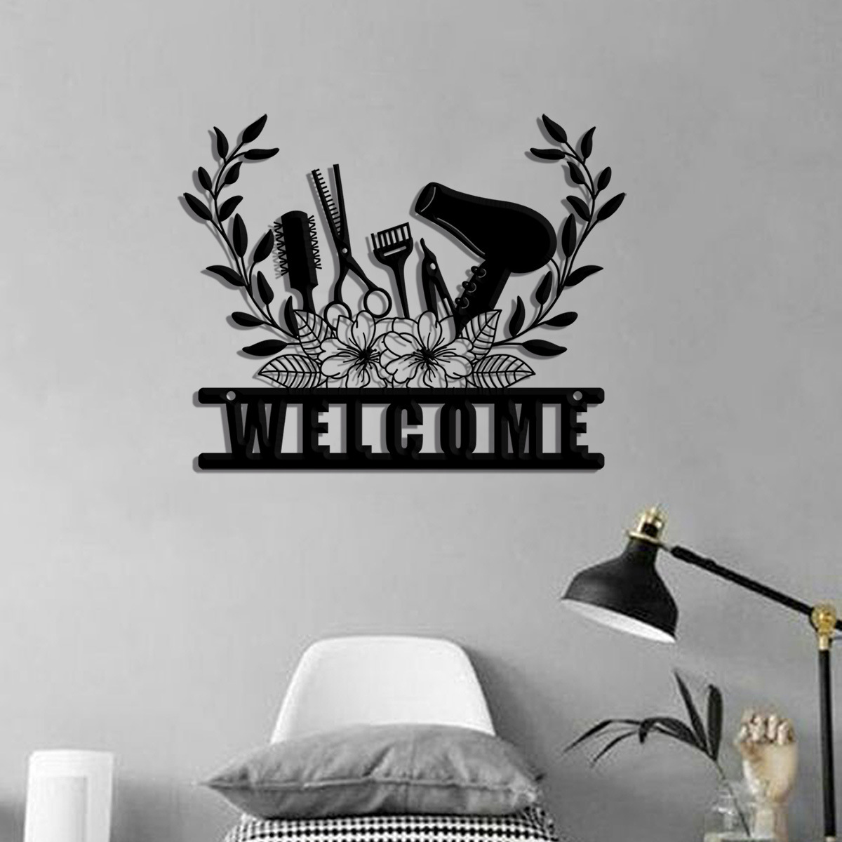 理发店创意欢迎门牌花朵黑色铁艺挂件墙面装饰居家工艺跨境亚马逊