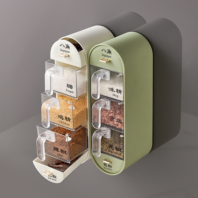Wall-mounted seasonings box without drilling, household kitchen shelf, salt and monosodium glutamate seasoning combination set, seasoning bottle and jar
