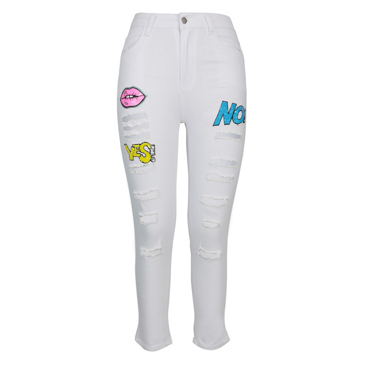 YH10660 Cross-border Amazon European and American denim perforated, fashionable and personalized printed tight skinny women's jeans Application Scenario