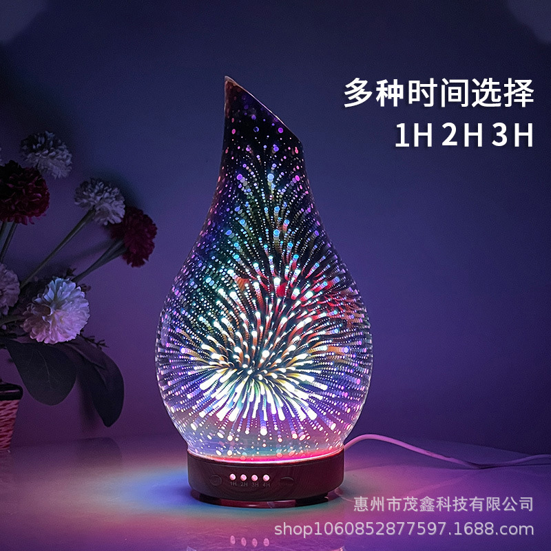 3D玻璃木纹斜口超声波冷雾加湿器便携式七色夜灯空气精油香薰机