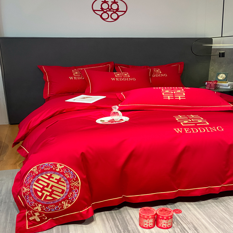 Wholesale of wedding embroidered four-piece set, festive red wedding dowry four-piece set, washed cotton brushed bed sheet and duvet cover Application Scenario