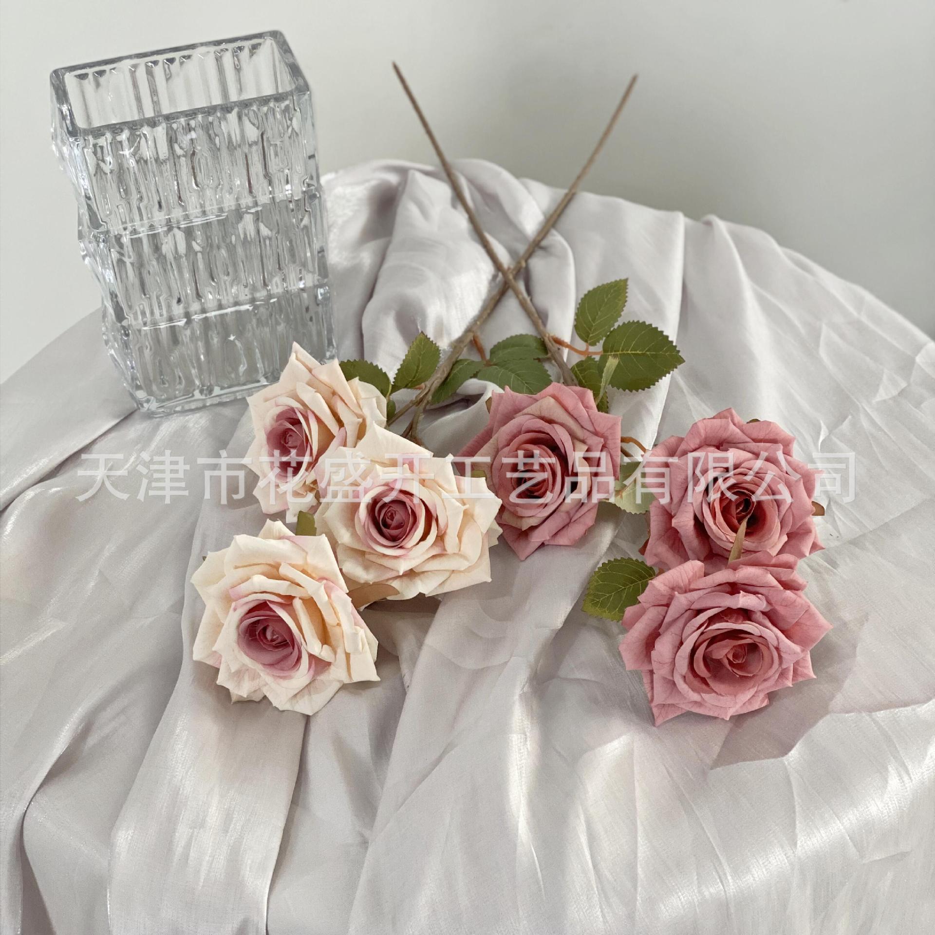 Net Red 3 Head Cappuccino Rose Simulation Flower Senior Wedding Decoration Home Soft Decoration Hotel Decoration Cross-Border details Picture