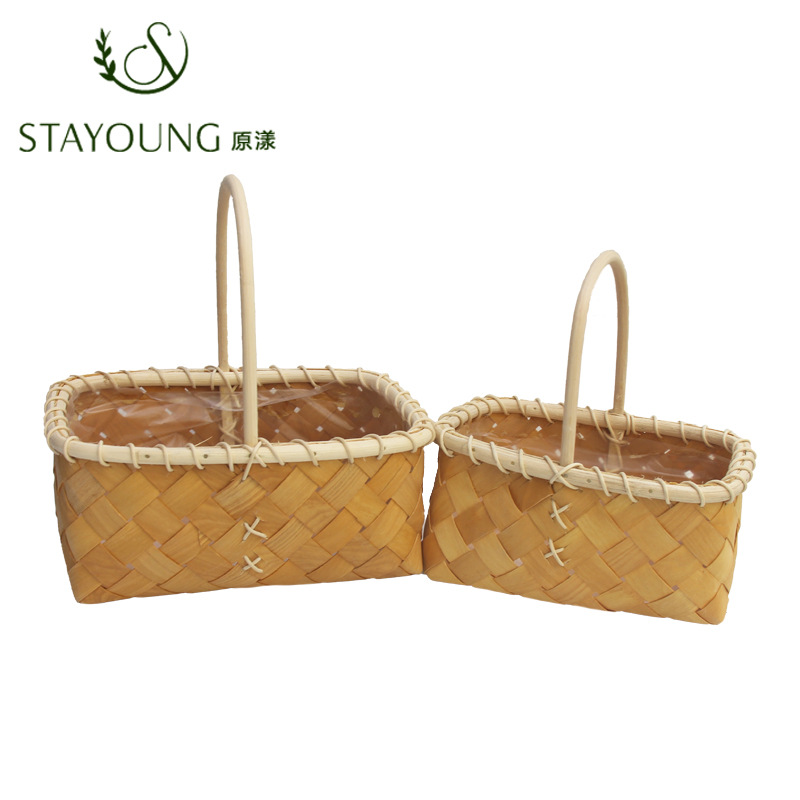 Original wood chip woven hand-held flower basket, white vine handle picnic basket, flower art training course, small flower arrangement basket ornaments Item Picture