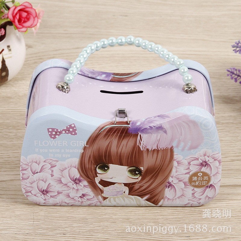 New Cartoon Girl Children's Hand-Held Beaded Chain Piggy Bank Creative Gift Tinplate Piggy Bank Password Lock Specification drawing