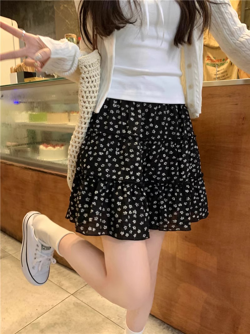 Black Floral Skirt Female Summer Thin 2024 New Temperament Cake Skirt Small A-Line Package Hip Skirt Specification drawing
