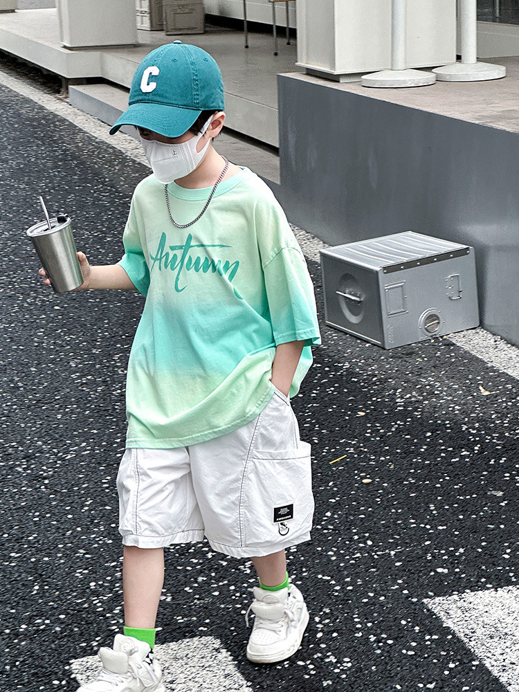 熊猫圆圆渐变男童夏季套装 2024跨境新款儿童短袖二件套织里童装