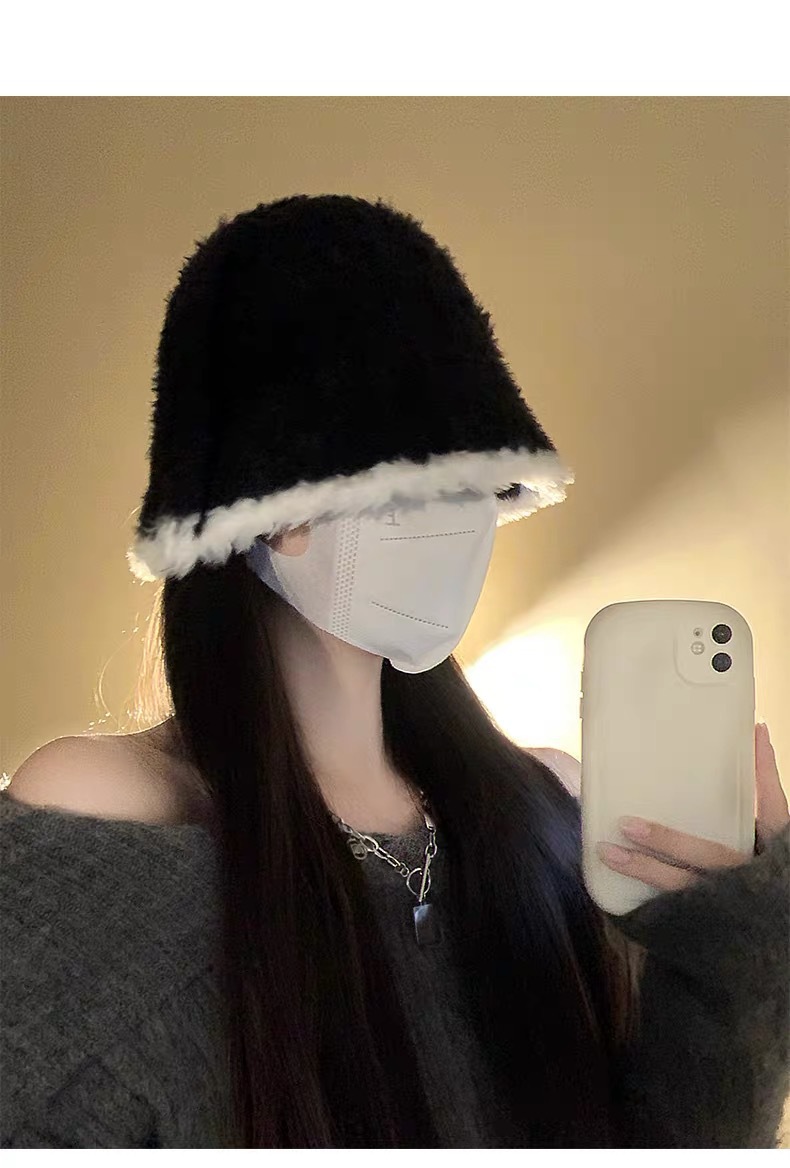 秋冬季渔夫女百搭毛绒盆帽素颜大头围水桶保暖显脸小遮脸针织帽子详情8