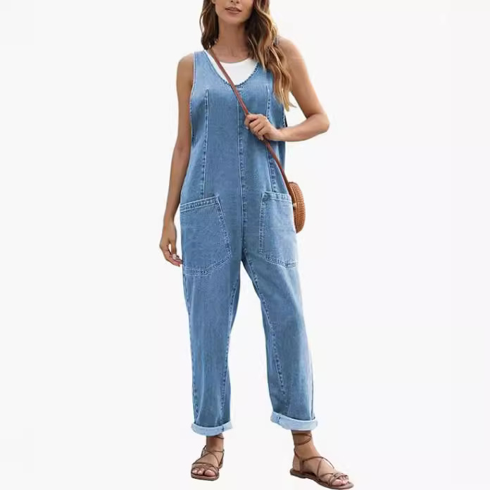 2024 Cross-border trade Amazon women's high-top denim jumpsuit, casual sleeveless loose cargo pants and jeans details Picture