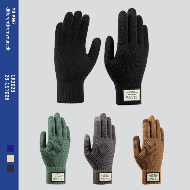 Winter Men's Knitting Gloves Wholesale Plus Fleece Thickened Warm Cycling Five-Finger Touch Screen Gloves details Picture