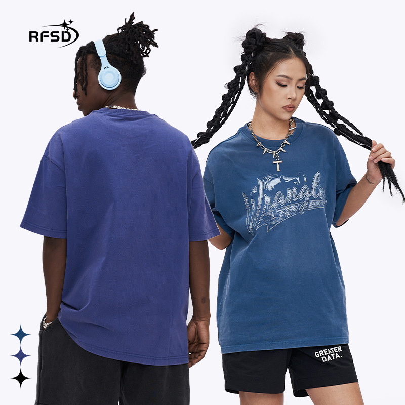 RFSD Men's 2024 Summer round-neck washed short-sleeved pure cotton retro American street loose print trendy T-shirt details Picture