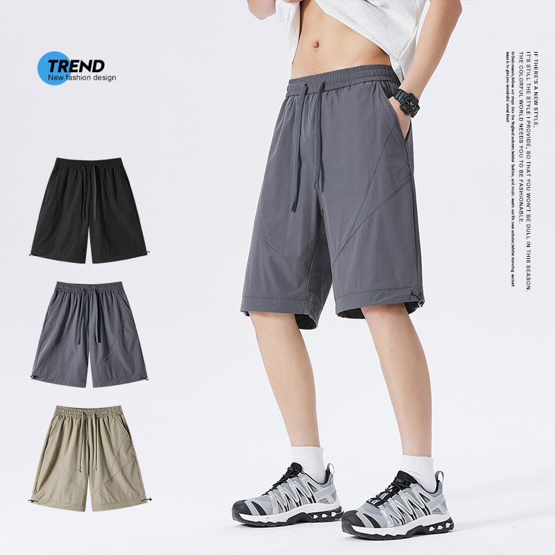 Summer ice silk shorts, men's fashion brand ins loose outerwear with large slits, men's mid-length pants, thin casual capri pants