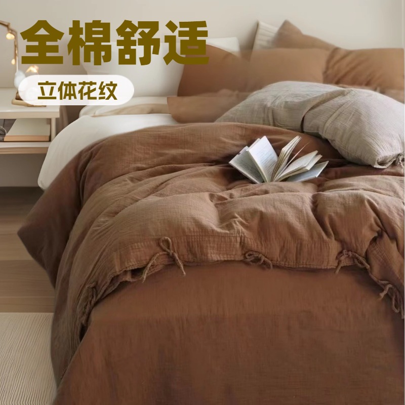 Mother and baby grade A double-layer gauze, cotton yarn, pure cotton four-piece set, Maillard 100 all-cotton naked sleeping bed sheet, duvet cover and bedding