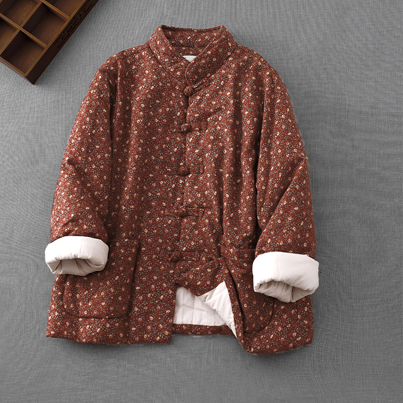 国潮中式小碎花棉袄女短款冬加厚外套中国风对襟盘扣唐装洋气质夹棉服