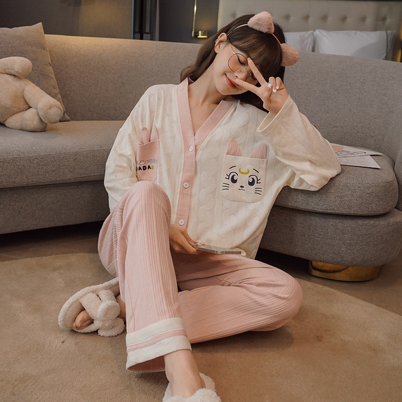 Autumn and winter cardigan pajamas women's long-sleeved shirts and long pants V-neck cotton Korean cartoon sweet women's two-piece set for live streaming details Picture