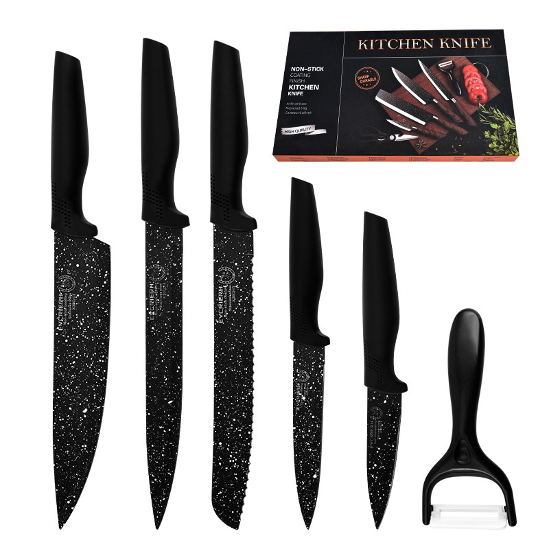 Black Spray Point Six-Piece Knife Set Stainless Steel Chef Meat Bread Universal Knife Gift Box Cutter Manufacturers Available Application Scenario