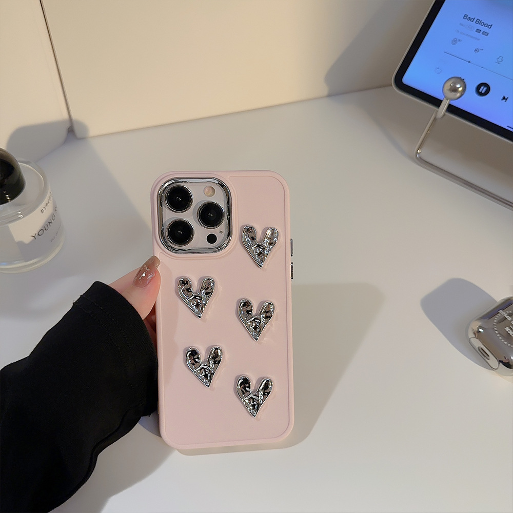 Electroplated heart iphone16 case 17 Apple 12 Pleated 11 compatible 15pro max Metal style 13/14 pic 19