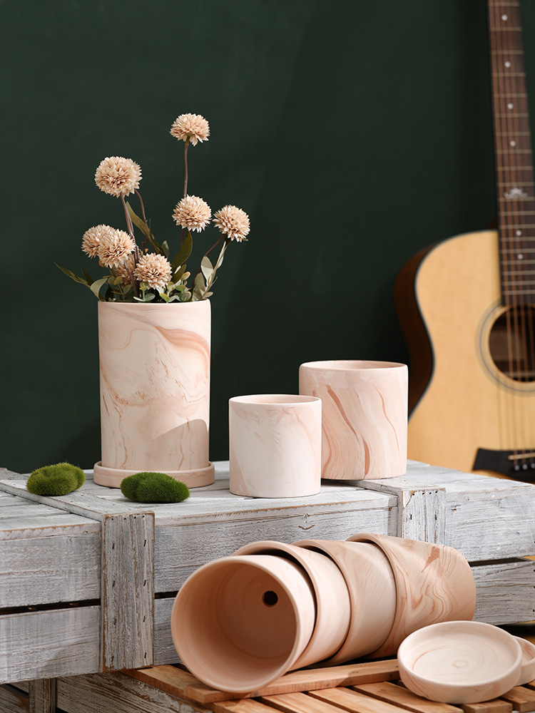 Vegetarian Natural Macchiato Red And White Pottery Flowerpot Northern Europe Cylindrical Inclined Body Breathable And Absorbent Flowers Green Plants Succulent Belt Support details Picture
