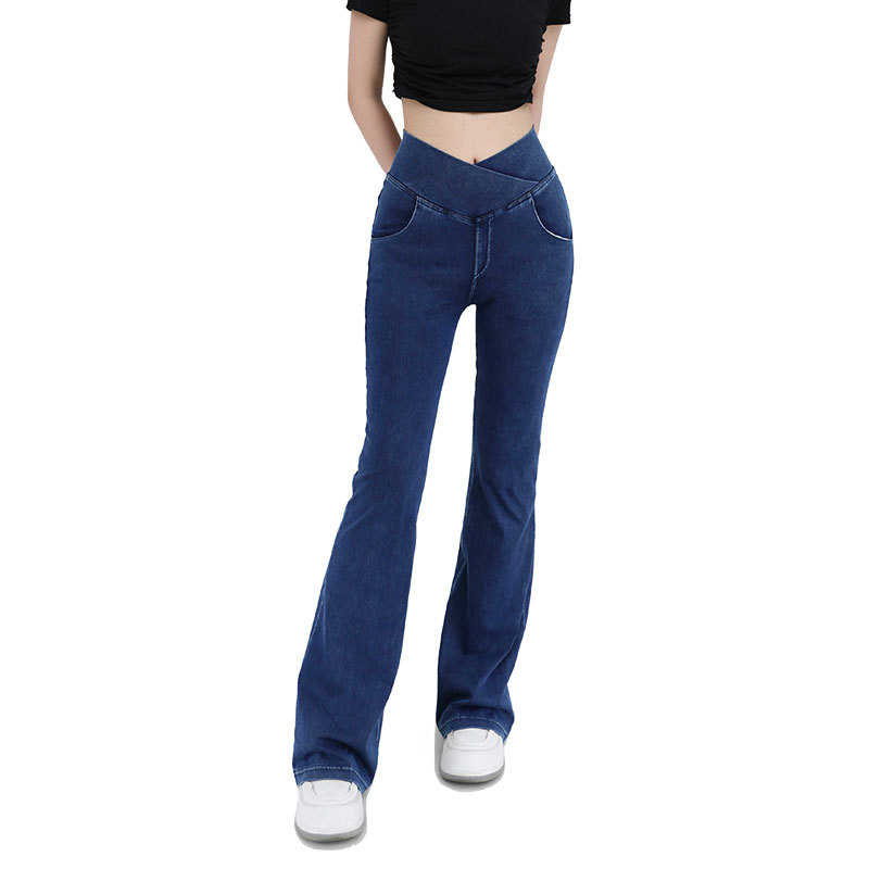 Spring And Summer New Cross-Waist Jeans Women High Spring Lift Hip Double Pocket Sports Outside To Wear Yoga Fitness Flared Pants Item Picture