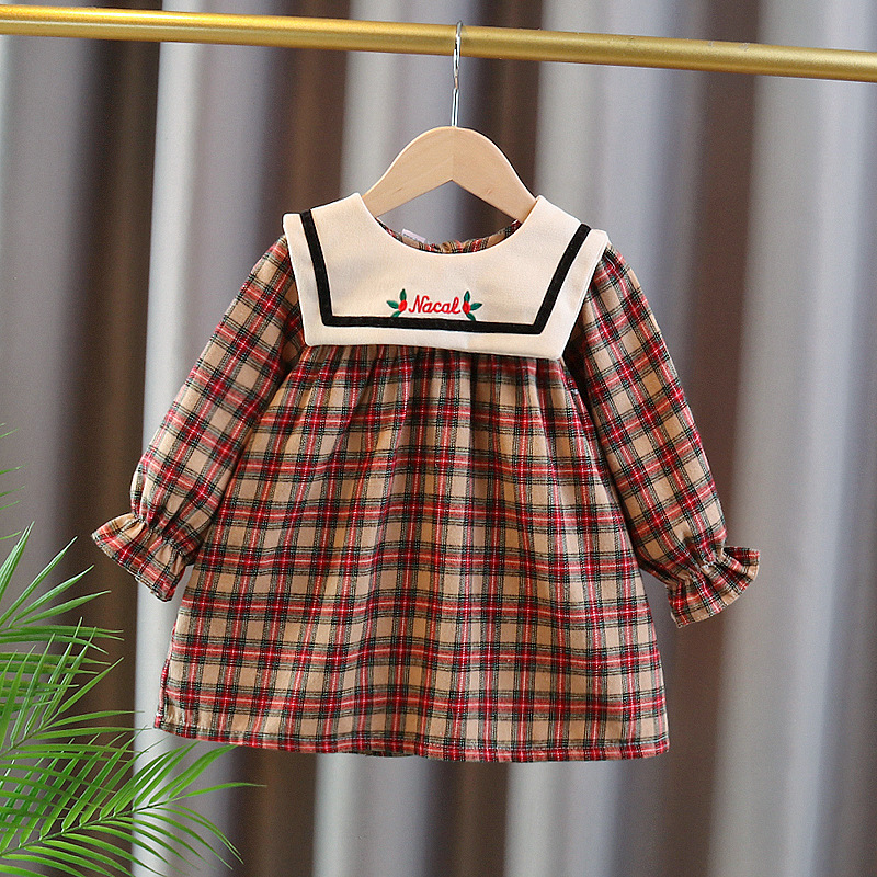 New autumn 2022 girls' long-sleeved dress, children's school style, navy collar princess dress, baby checkered dress details Picture