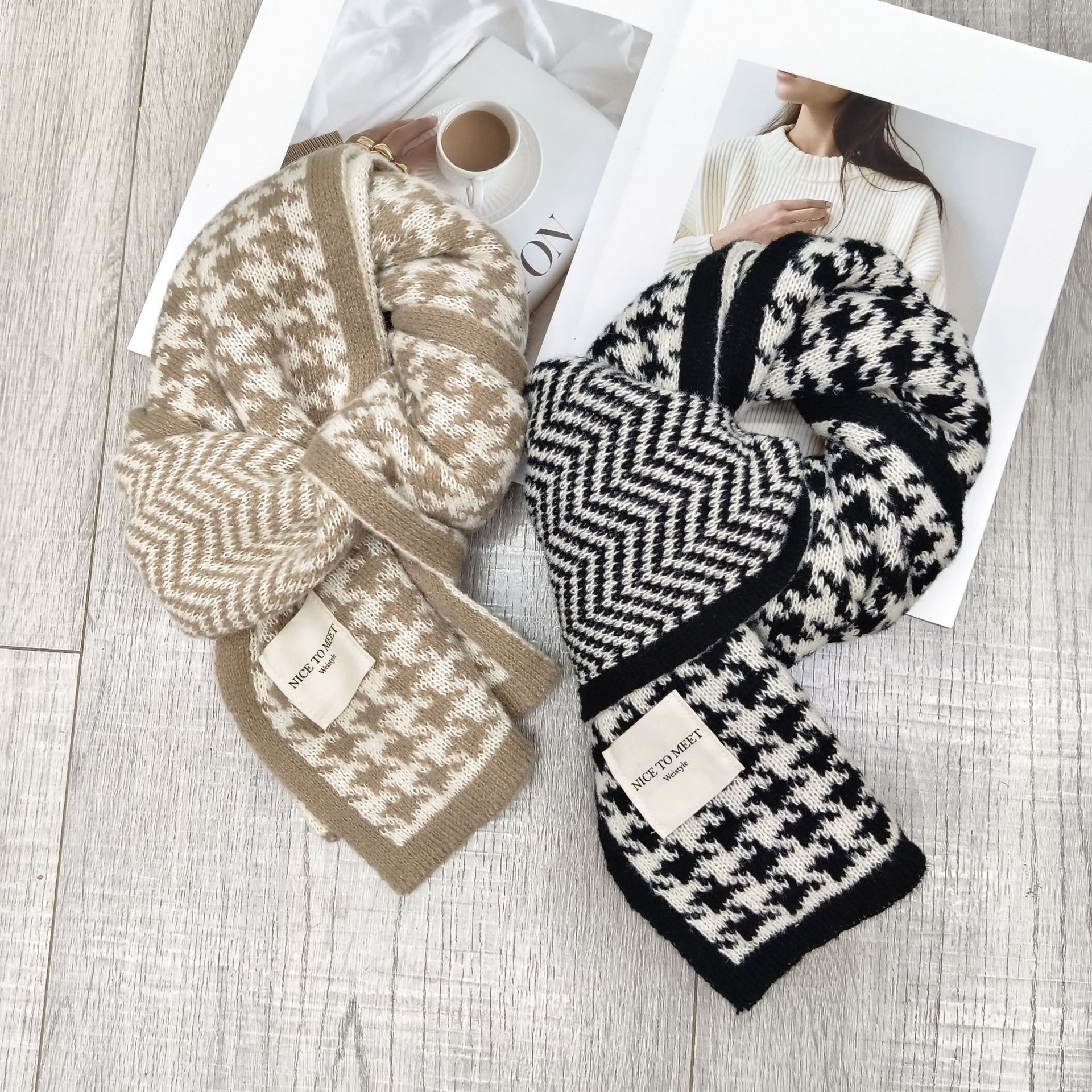 Thousand bird check scarf, small chanel-style black and white scarf, knitted and versatile, 2024 autumn and winter new style wool warm wholesale