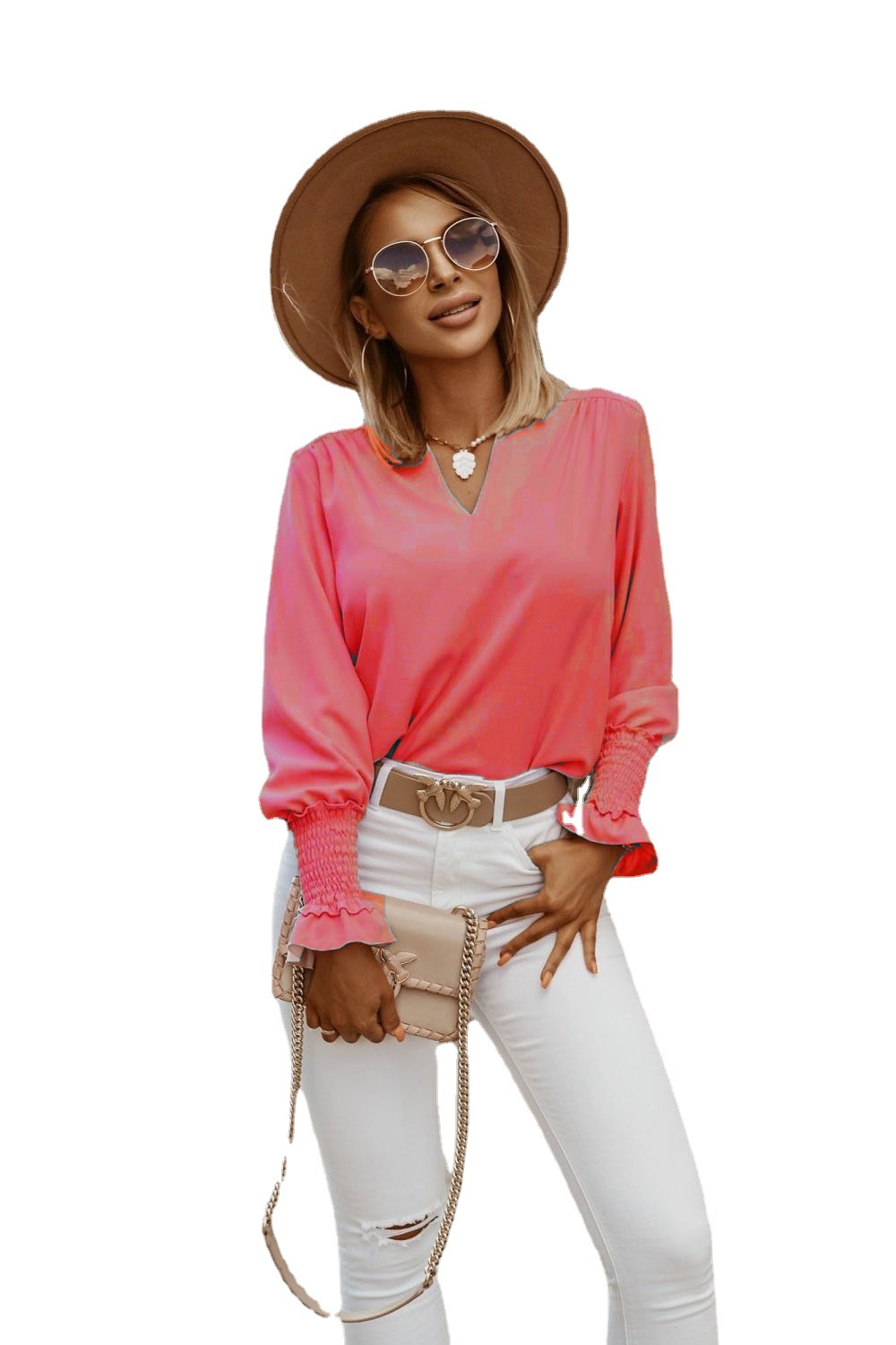 2021 Amazon wish AliExpress Best-selling Autumn and winter solid-color simple cuff V-neck women's shirt Item Picture