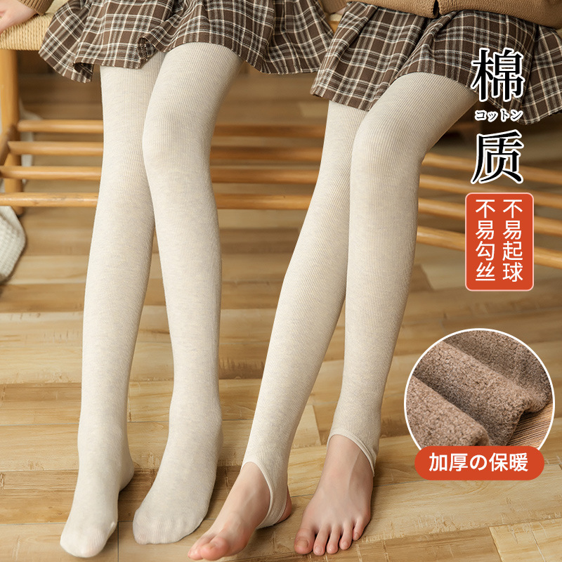 Girls' Fleece And Thick Leggings Children's Tights Panty Hose Large Children Vertical Bar Warm Foot Autumn And Winter Style details Picture