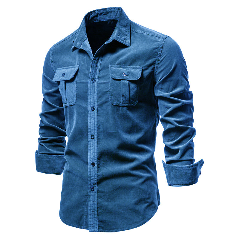 Men's autumn cotton basic Japanese-style corduroy men's business shirt, fitted casual shirt, new men's long-sleeved jacket details Picture