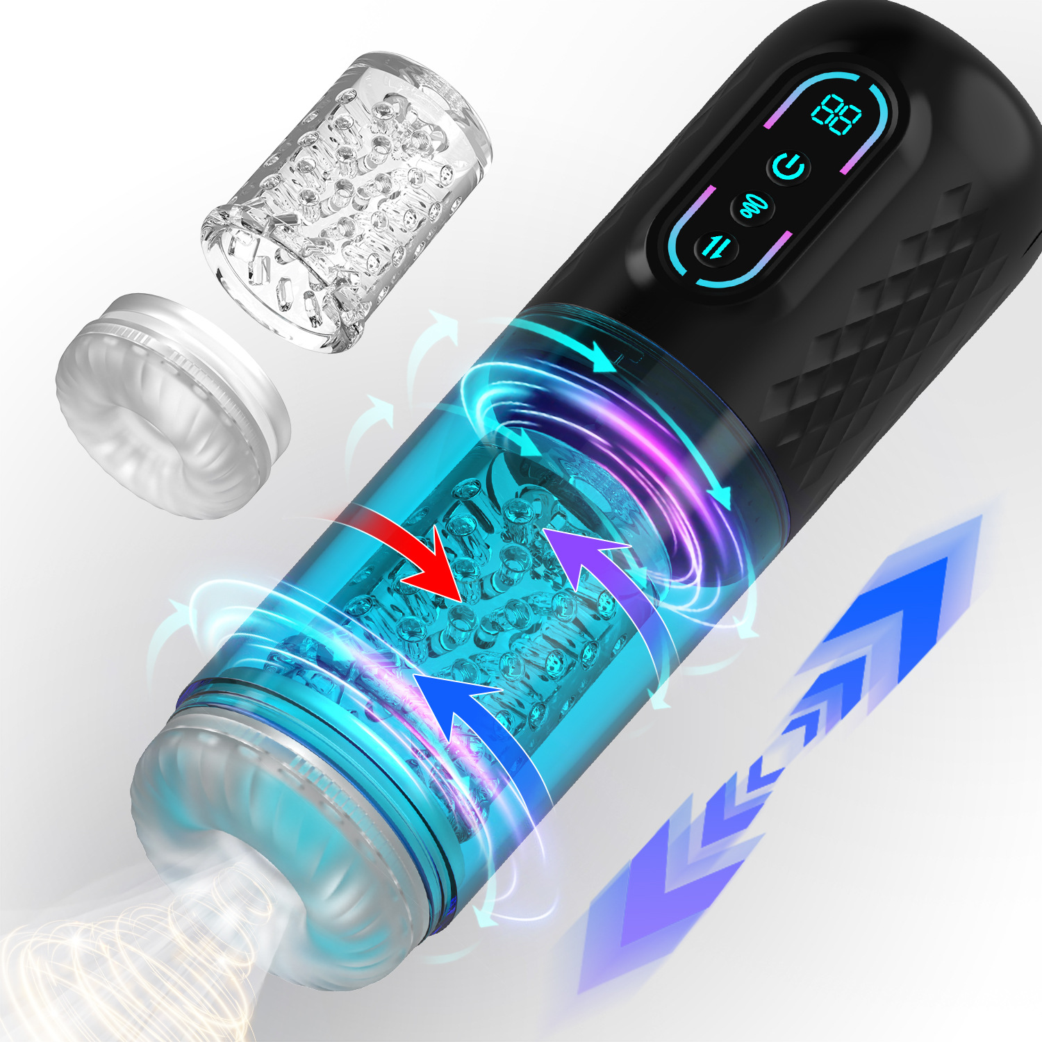 Fully automatic aircraft cup charging, variable frequency vibration, intelligent heating, Three Kingdoms pronunciation, telescopic rotation, sucking, for men Specification drawing