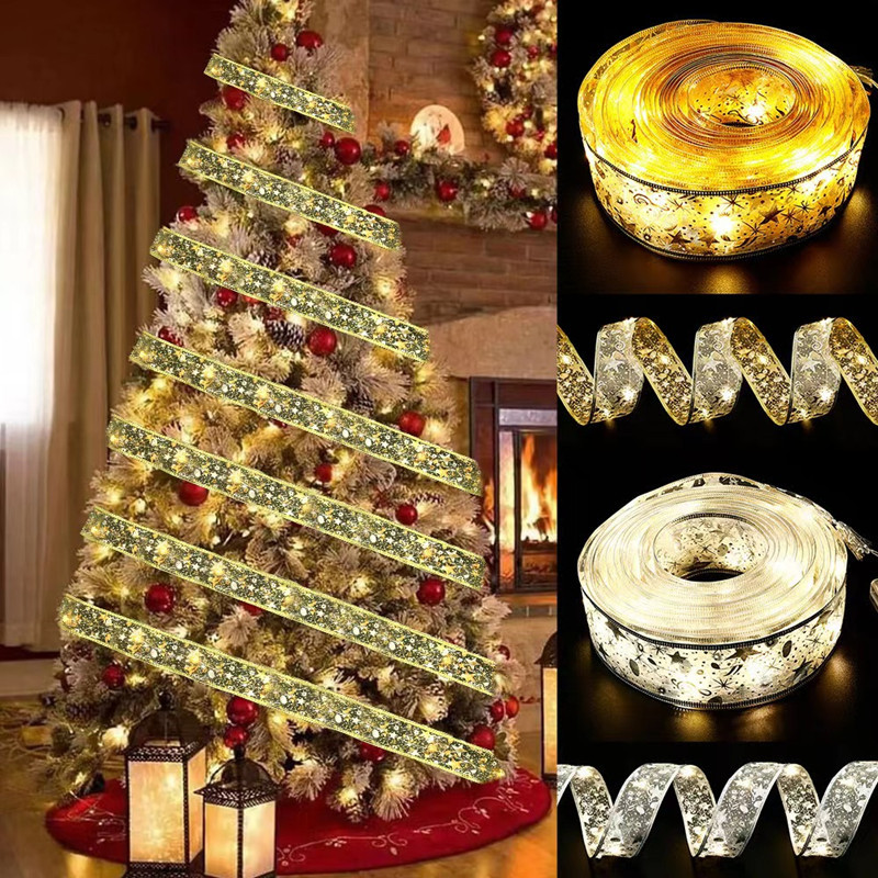 灯串圣诞树装饰灯丝带灯礼物盒装饰彩带闪灯串跨境圣诞绸缎LED灯