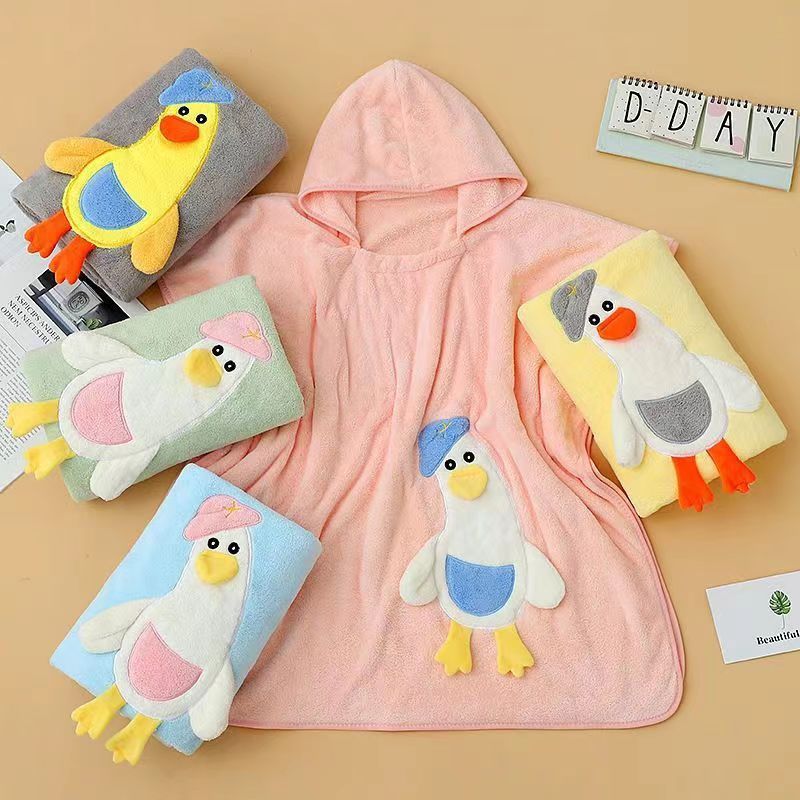 Cross-Border Cute Duck Children's Bathrobe Coral Velvet Cartoon Cape Bath Towel Baby Girls Bath Towel Cape Bath Robe