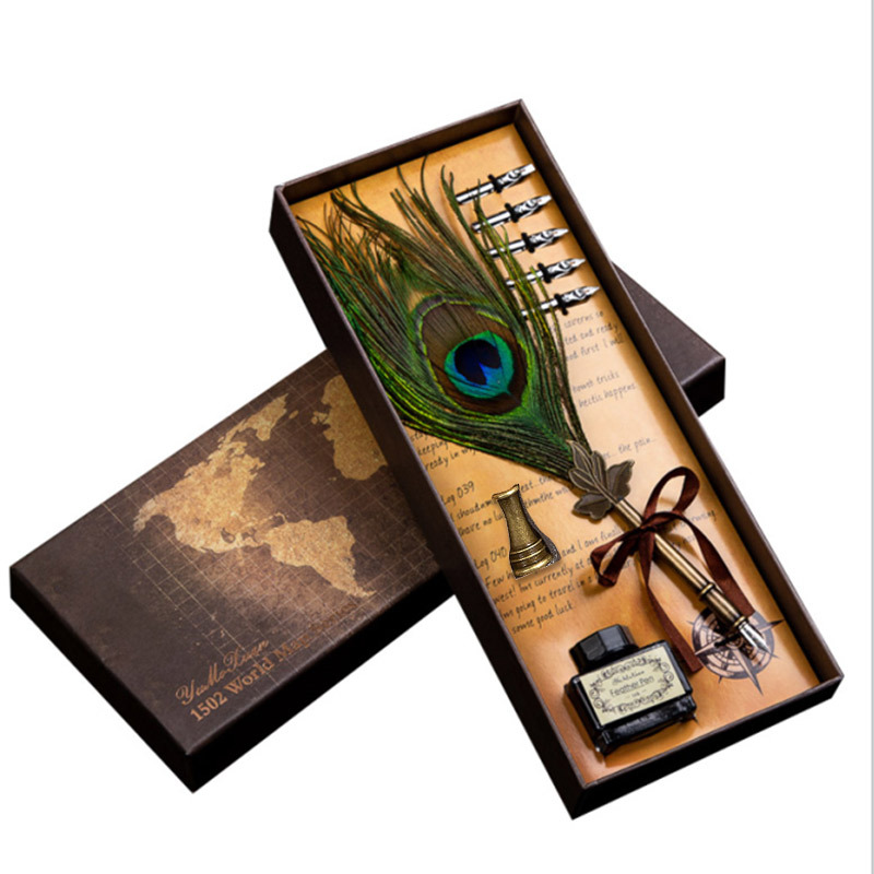 Blue Map Peacock Feather, Goose Feather, Turkey Feather, Harry Potter Craft Dip Pen Gold Cross-border Product Gift Box Item Picture