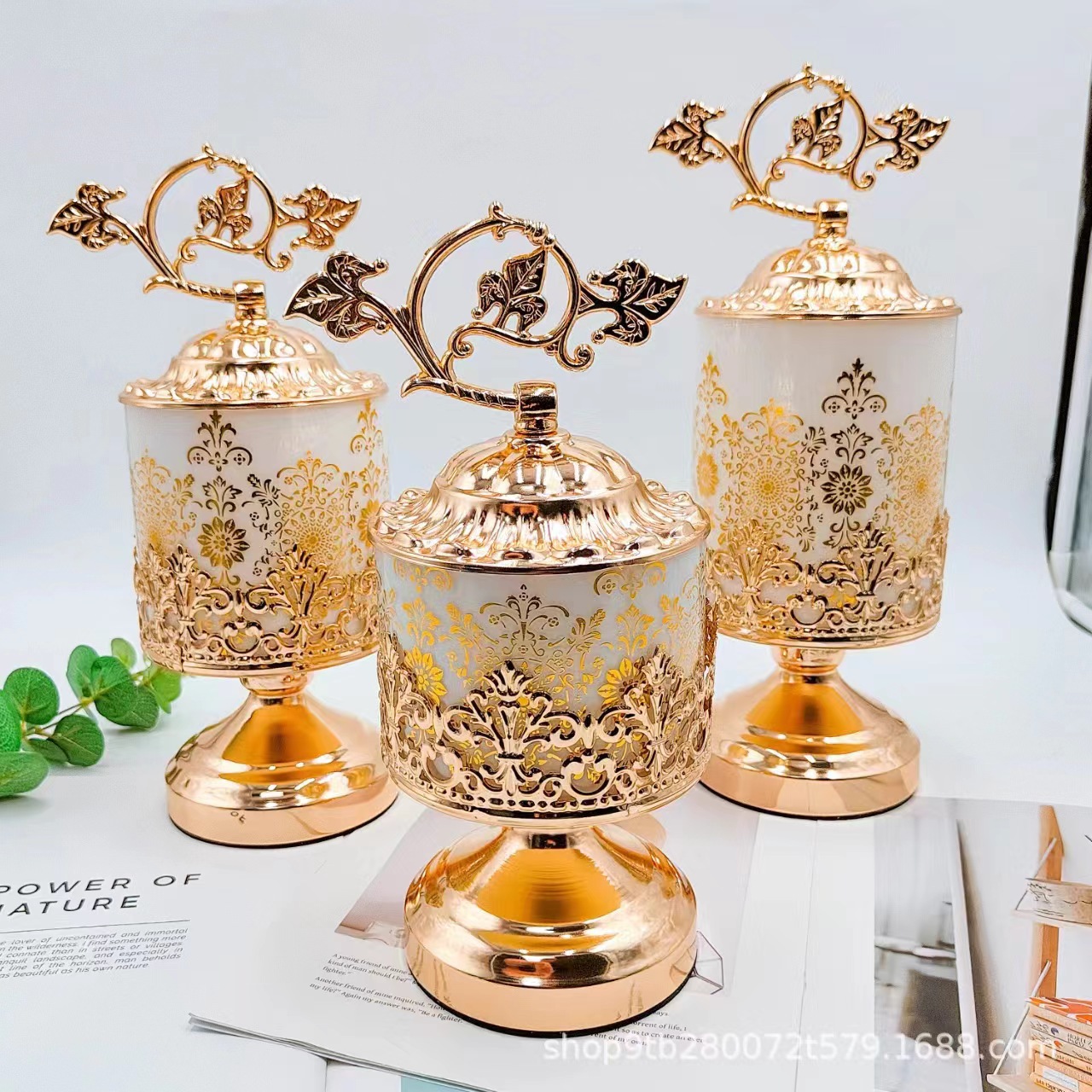 Gold Plated White Glass Storage Jar Printed Decoration Candy Jar Living Room Dry Fruit Storage Jar Three-Piece Swing Set