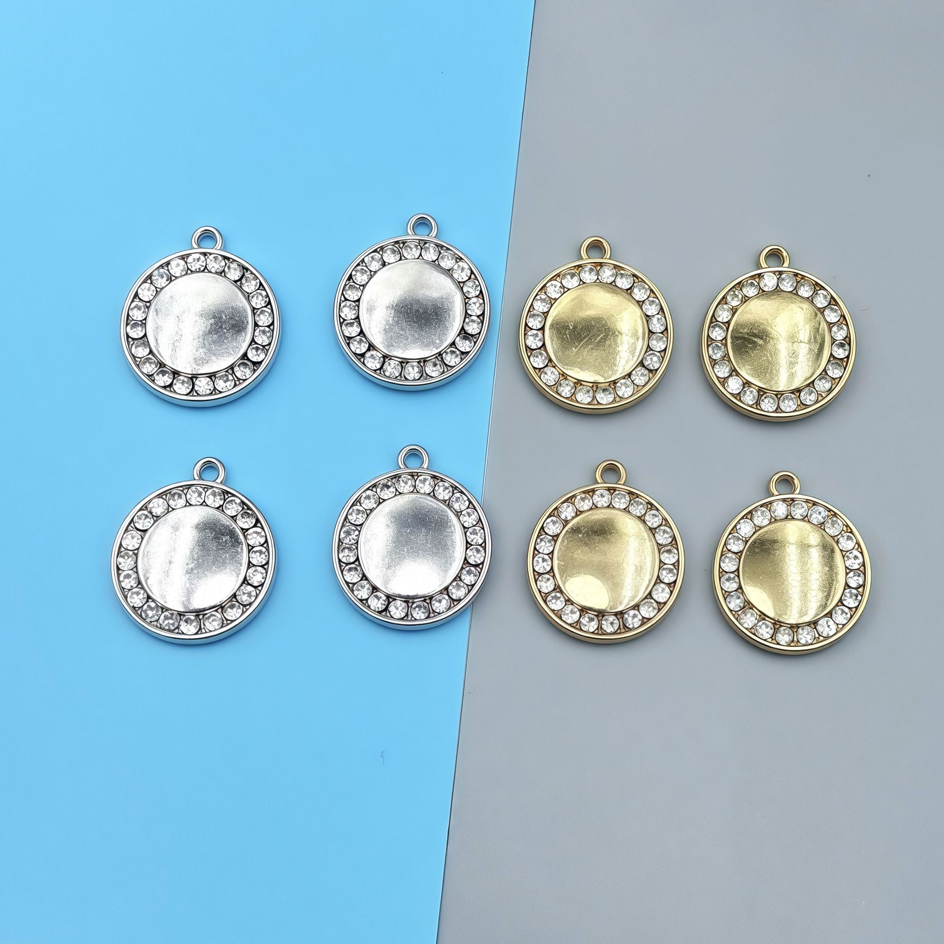 跨境DIY合金饰品创意圆形单吊镶钻配件项链手链吊坠挂件配饰批发