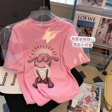 纯棉包领 批发代发粉色印花短袖T恤女夏季潮韩版宽松学生休闲上衣
