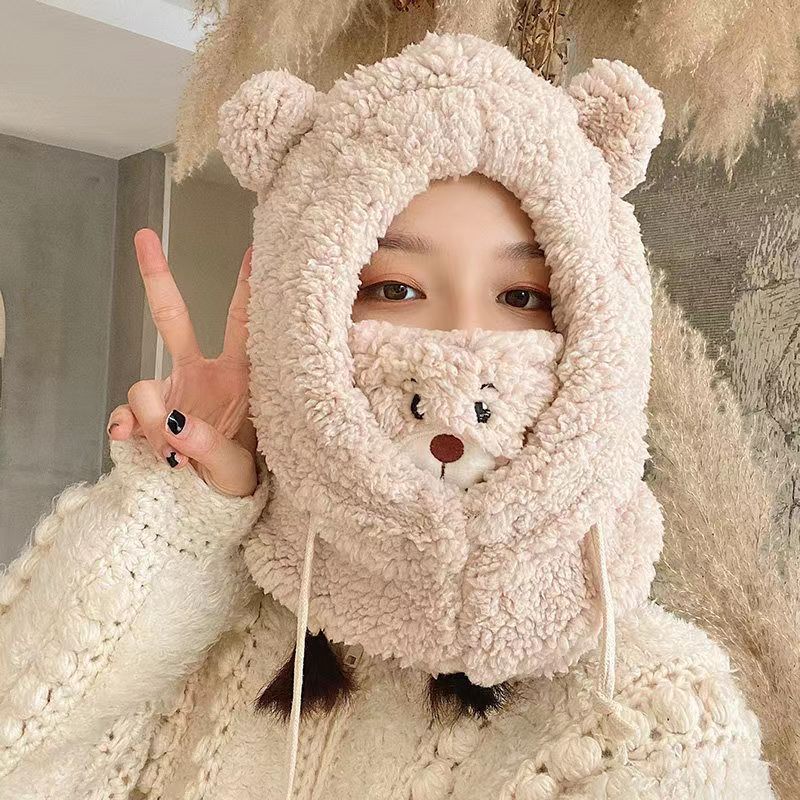 Cute Bear Mask One Hat Women Winter Cycling Warm Windproof Autumn And Winter Bear Hat Scarf Winter Neck details Picture
