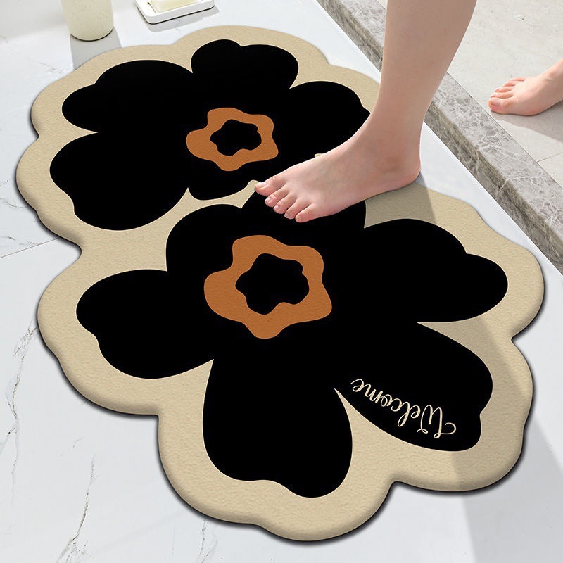Flower bathroom rubber anti-slip and easy-to-maintain floor mat, fresh and clean bathroom door diatom mud absorbent and quick-drying foot mat